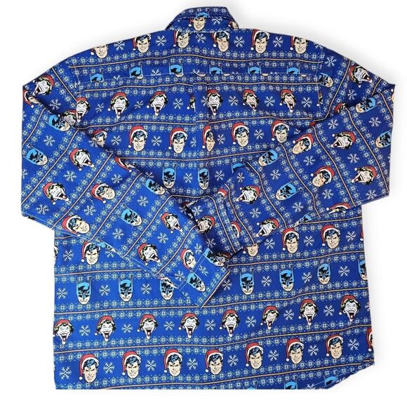 Justice League Blue Christmas Batman Superman Joker Button Down Shirt LARGE - Picture 6 of 7